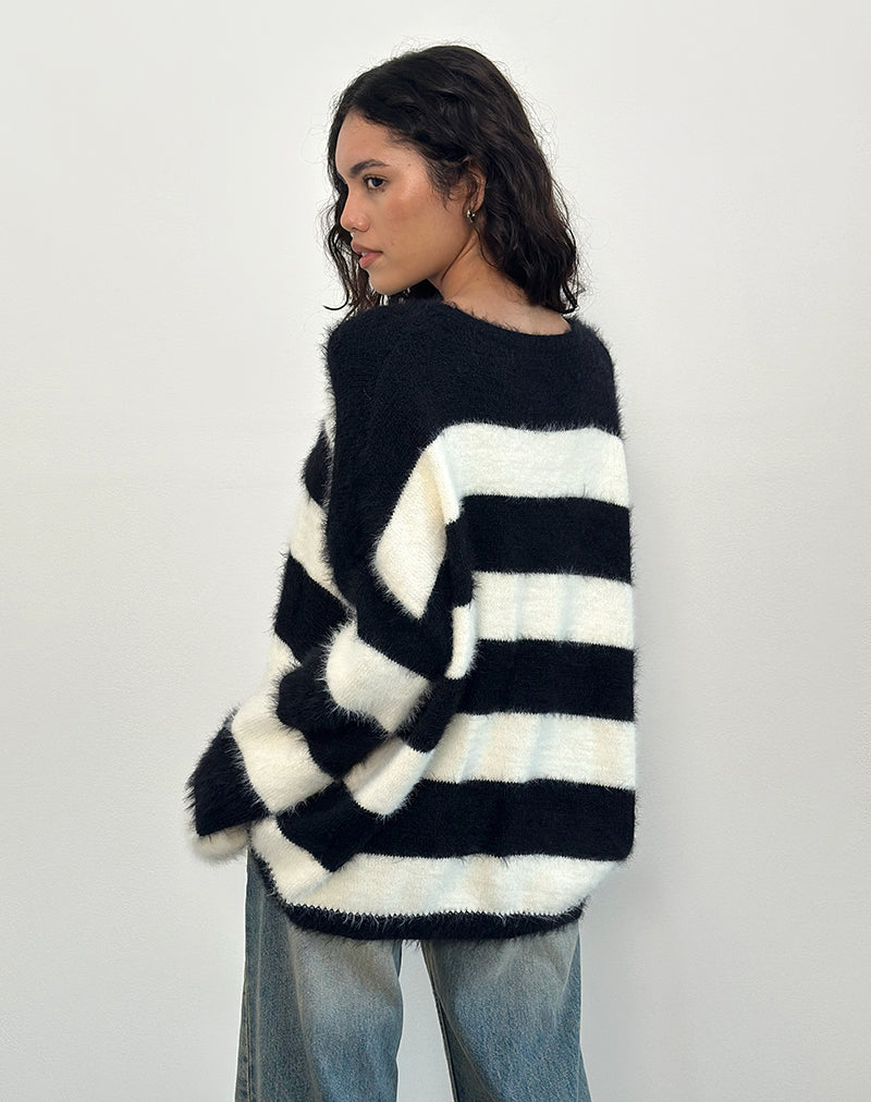 Imagen de Daya Fluffy Jumper in Ivory and Black Stripe