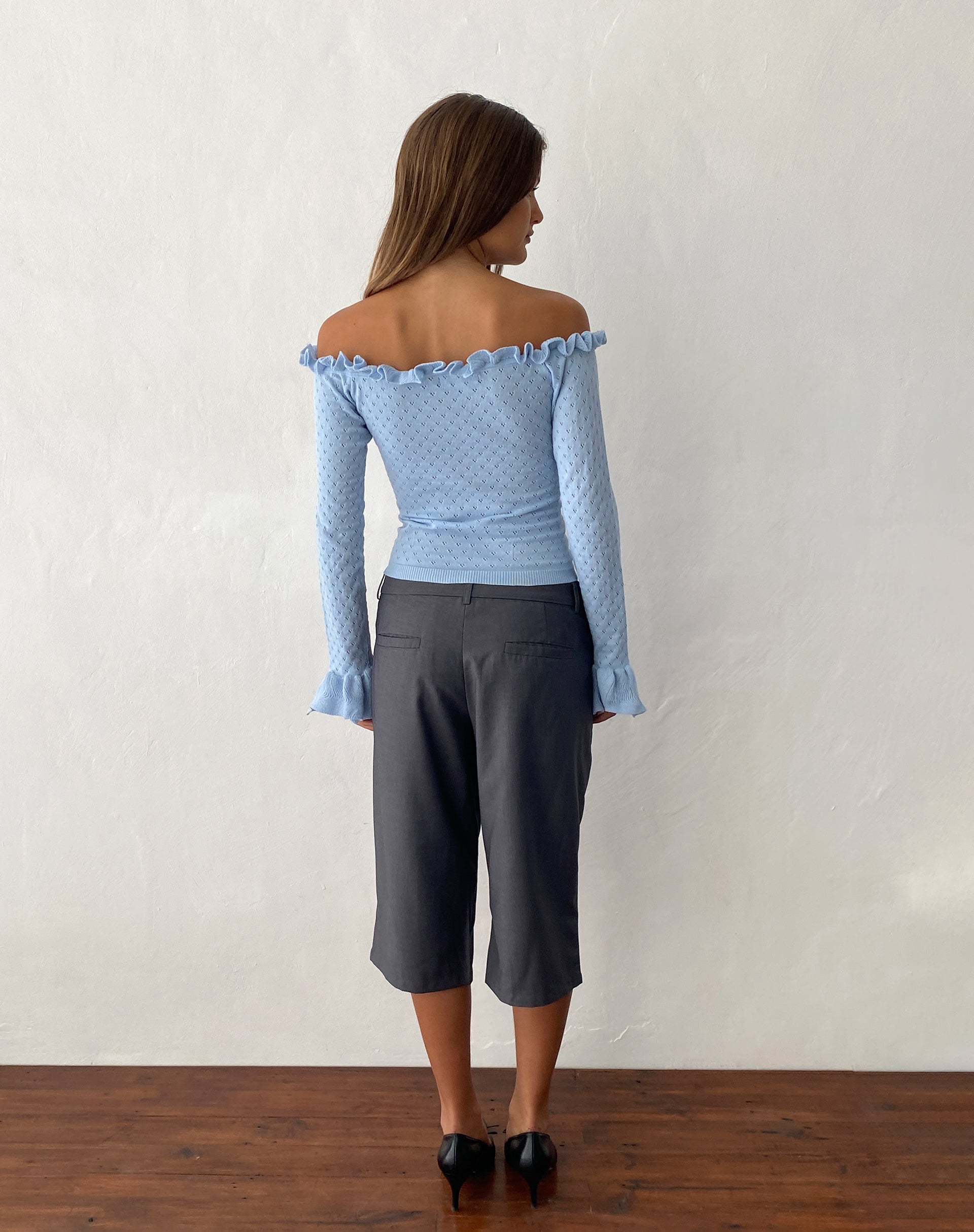 Imagen de Delaney Knitted Frill Bardot Top in Baby Blue