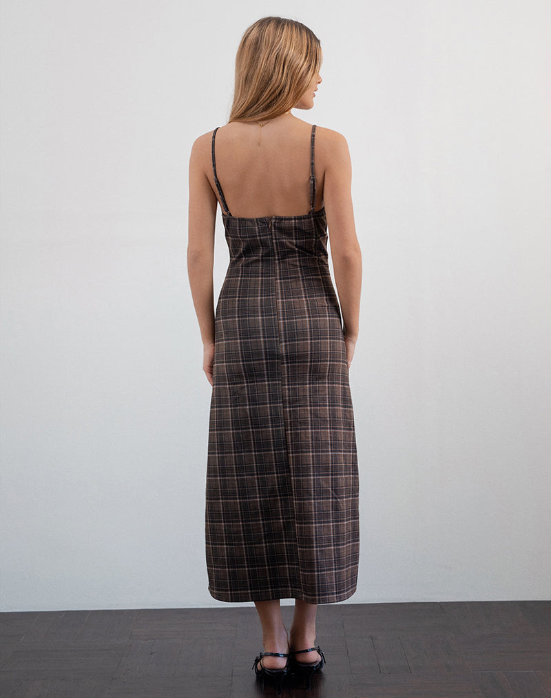 Imagen del vestido Delfina Midi de encaje a cuadros marrón