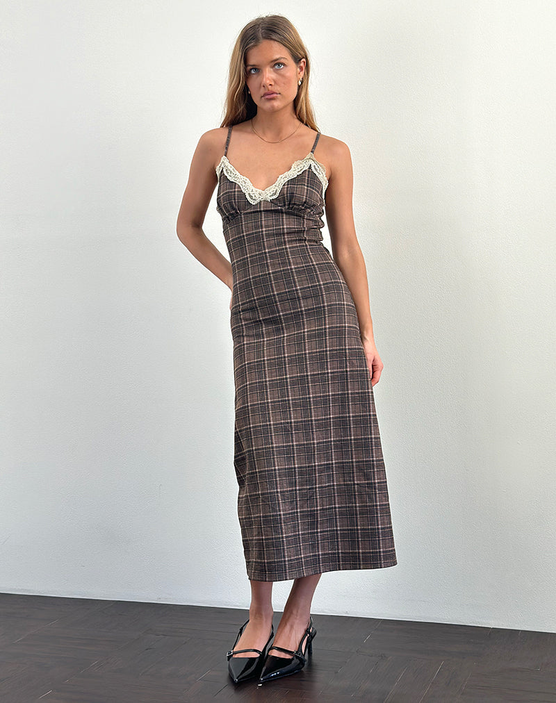 Vestido Delfina Midi de Encaje a Cuadros Marrón