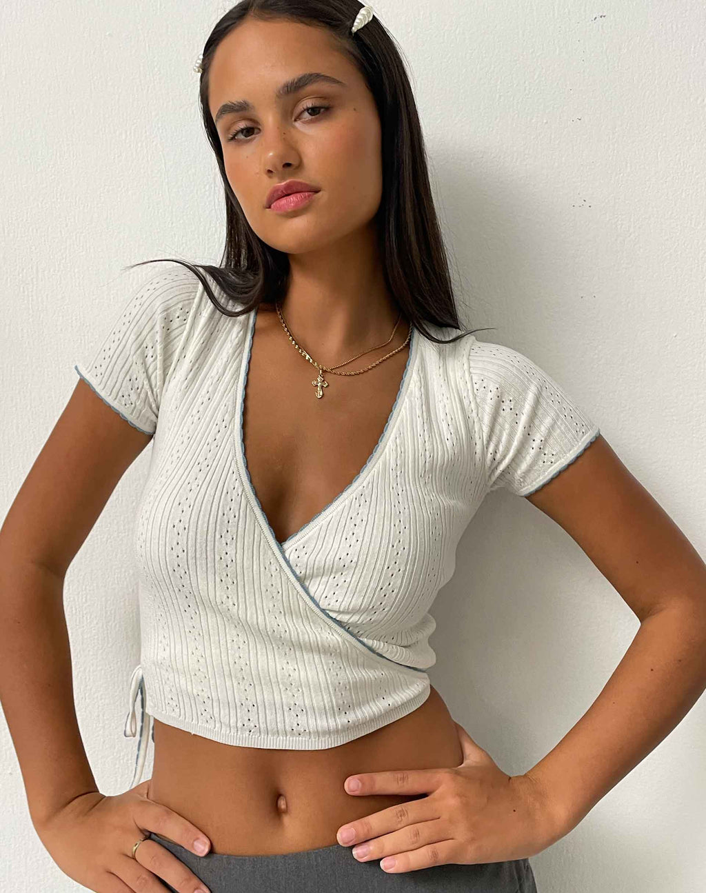 Delilah Wrap Top de punto Pointelle blanco