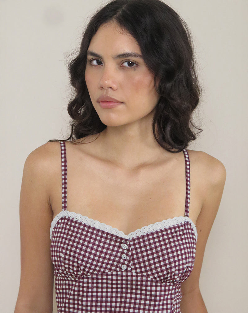 Imagen de Delphine Mini Vestido Cami en Mini Gingham Vino con Encaje Blanco