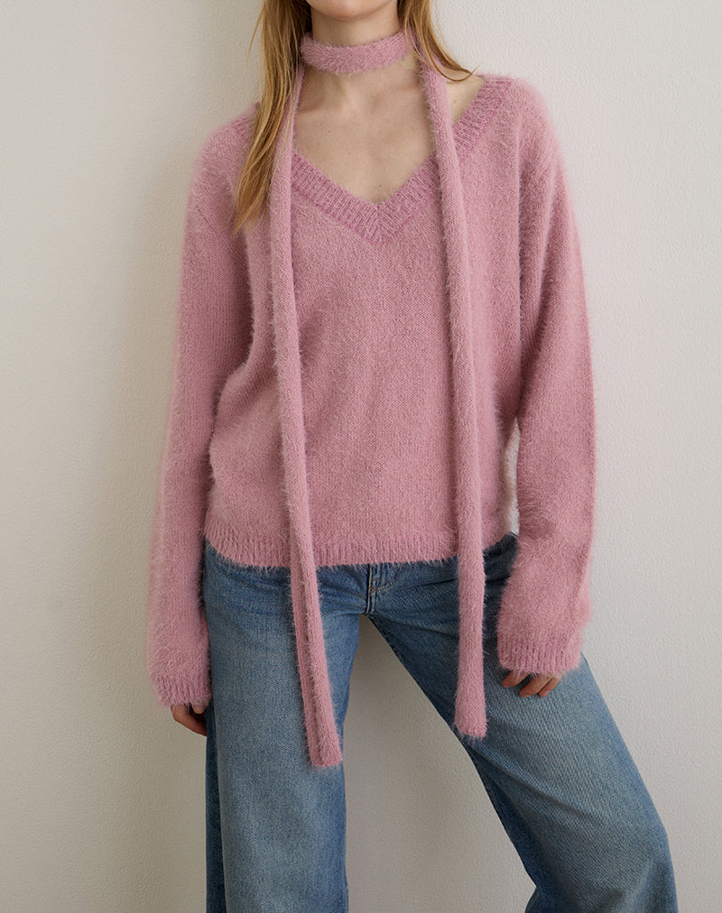 Jersey con bufanda Dikara en punto rosa empolvado
