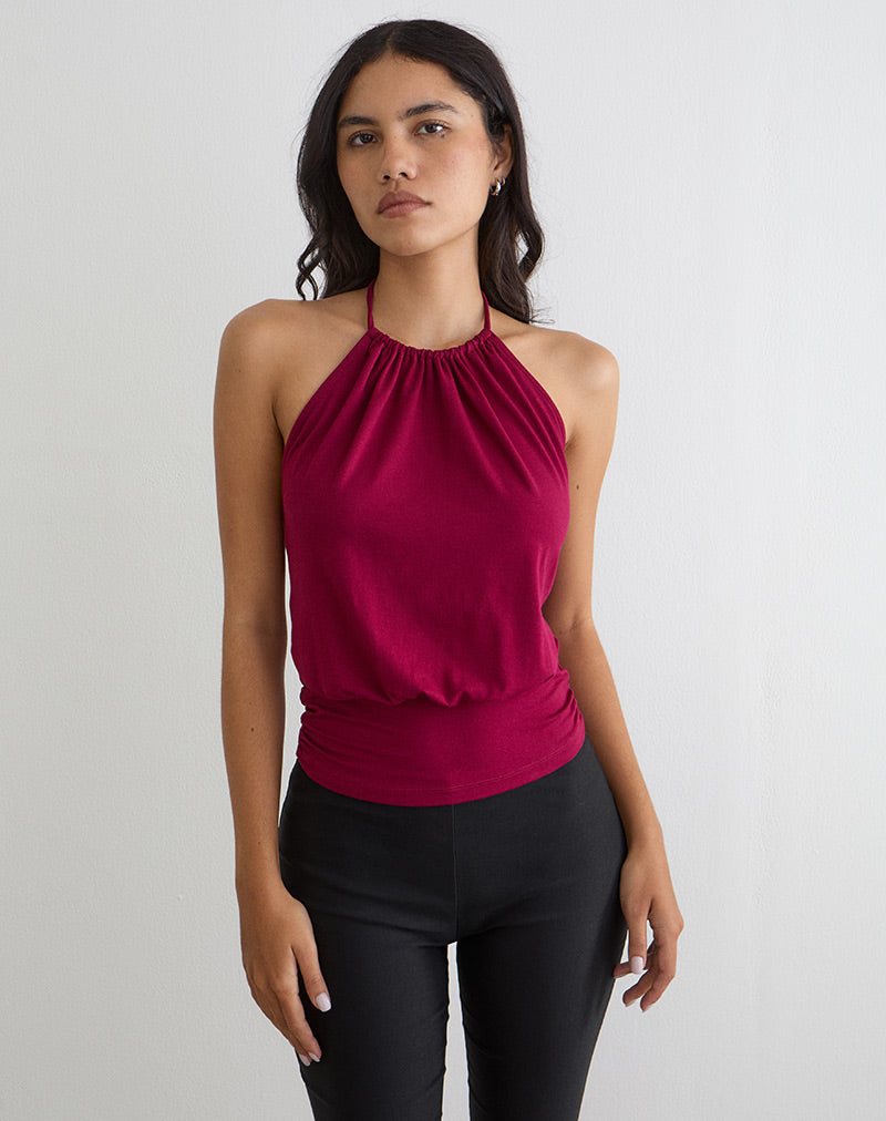 Image of Diraka High Neck Top in Rayon Jersey Burgundy