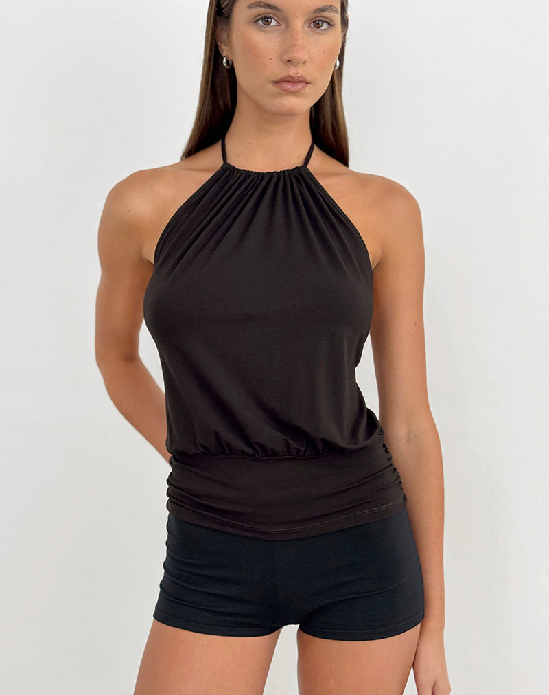 Image of Diraka Halter Neck Top in Rayon Jersey Chocolate Brown