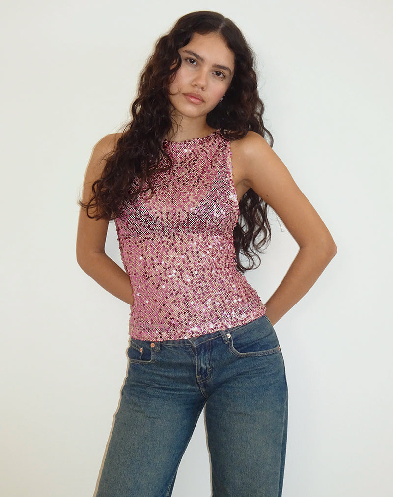 Chaleco Dudley en malla de lentejuelas Oro rosa