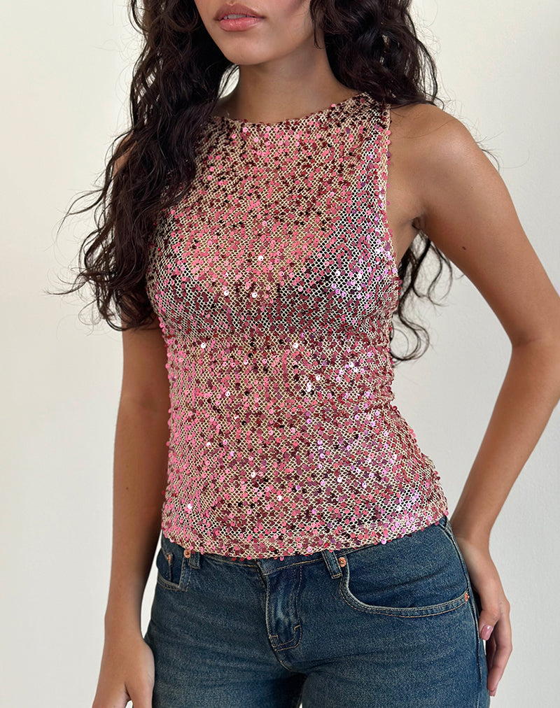 Chaleco Dudley en malla de lentejuelas Oro rosa