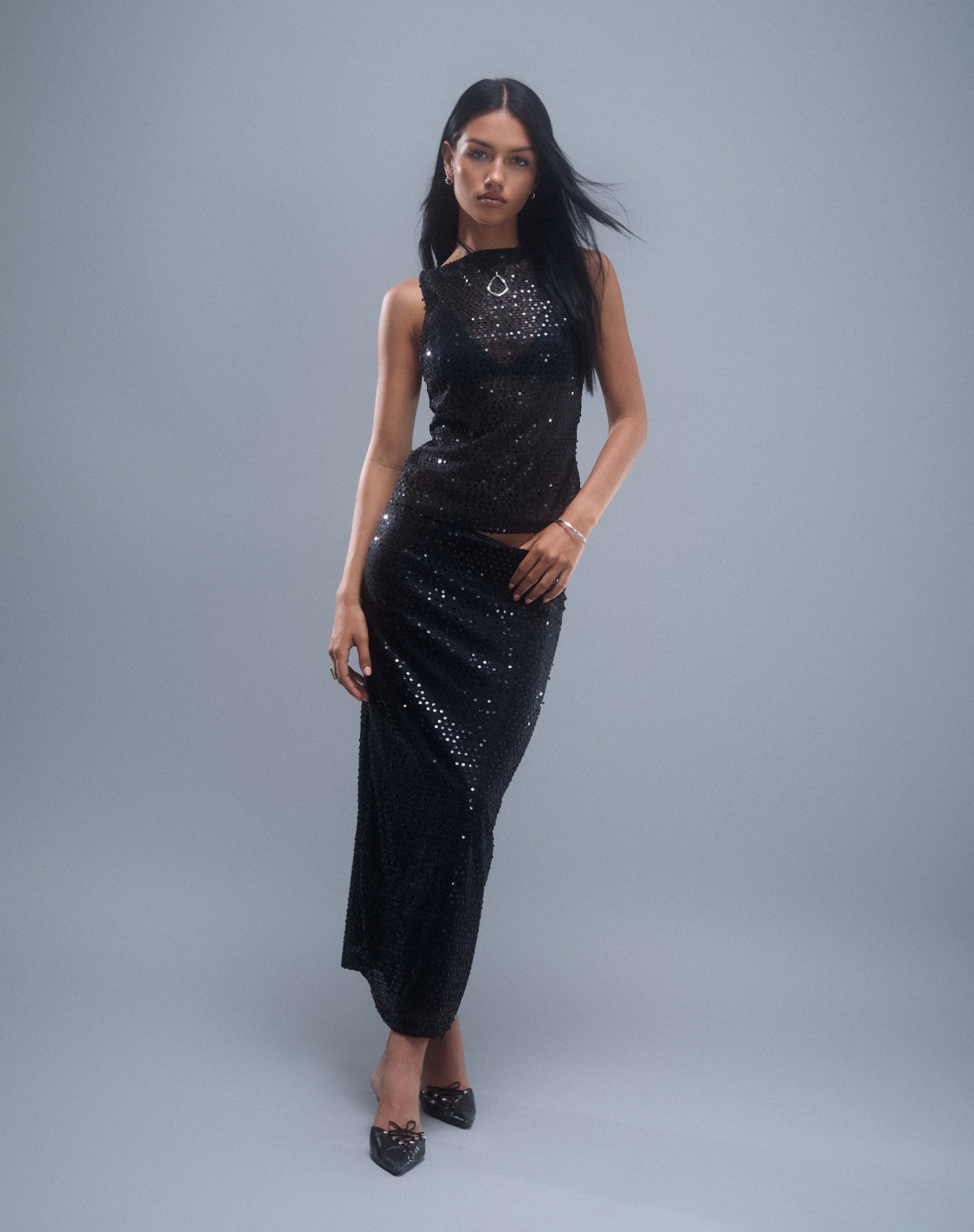 Imagen de Tresha Maxi Skirt in Sequin Knit Negro