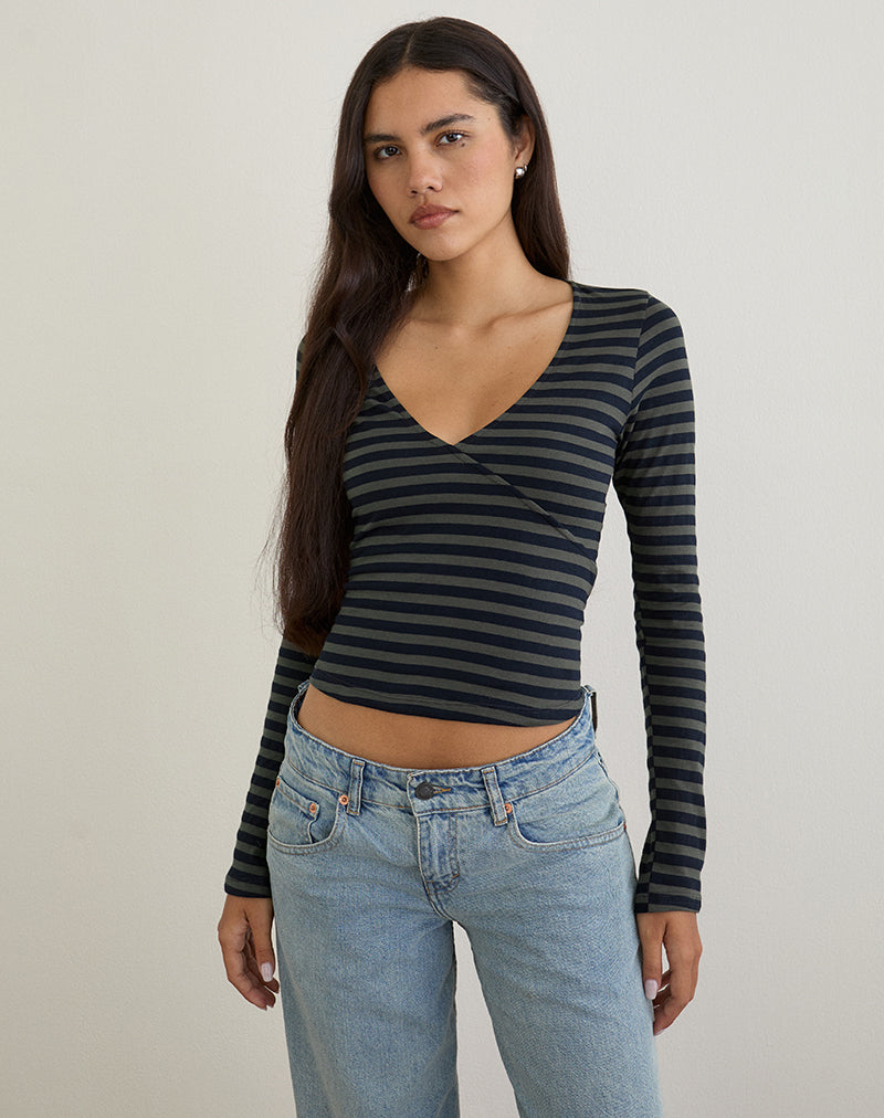 Dulcet Plunge Top de canalé en rayas clásicas azul marino y gris