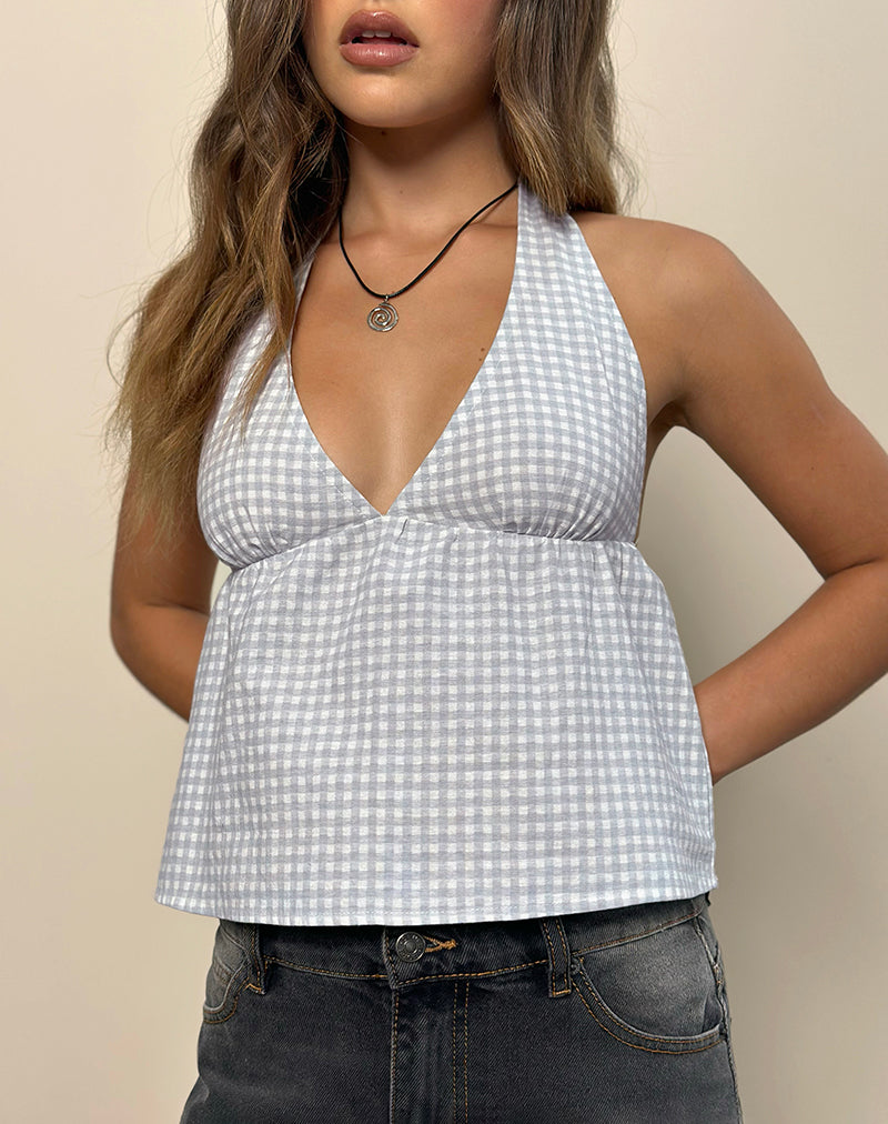 Top sin mangas Eldana en mini cuadros azul y gris