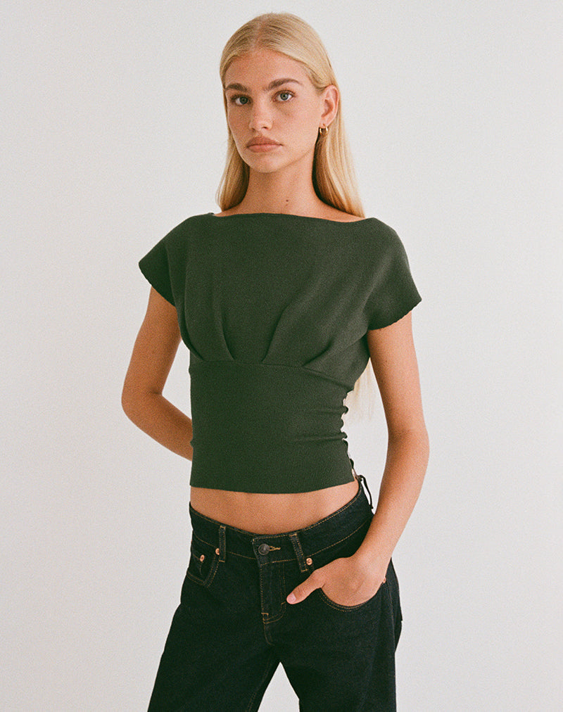 Image of Elin Top in Knit Khaki with Pearl Buttons