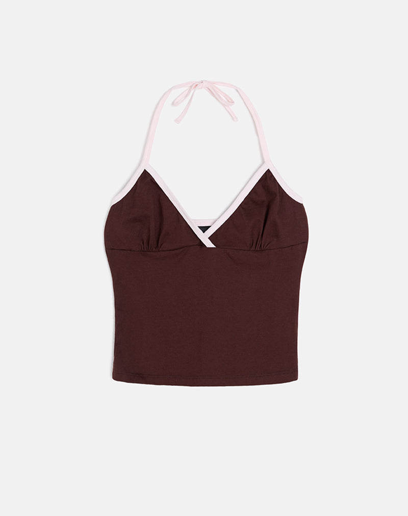 Top sin mangas Elspe de chocolate amargo con ribete rosa claro