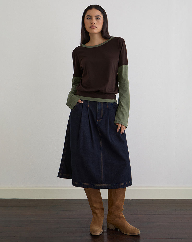 Imagen de la camiseta de manga larga Enidy en jersey, combinación de colores chocolate y caqui.