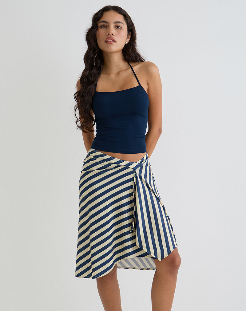 Falda Esmeray Midi de rayas diagonales crema y azul marino