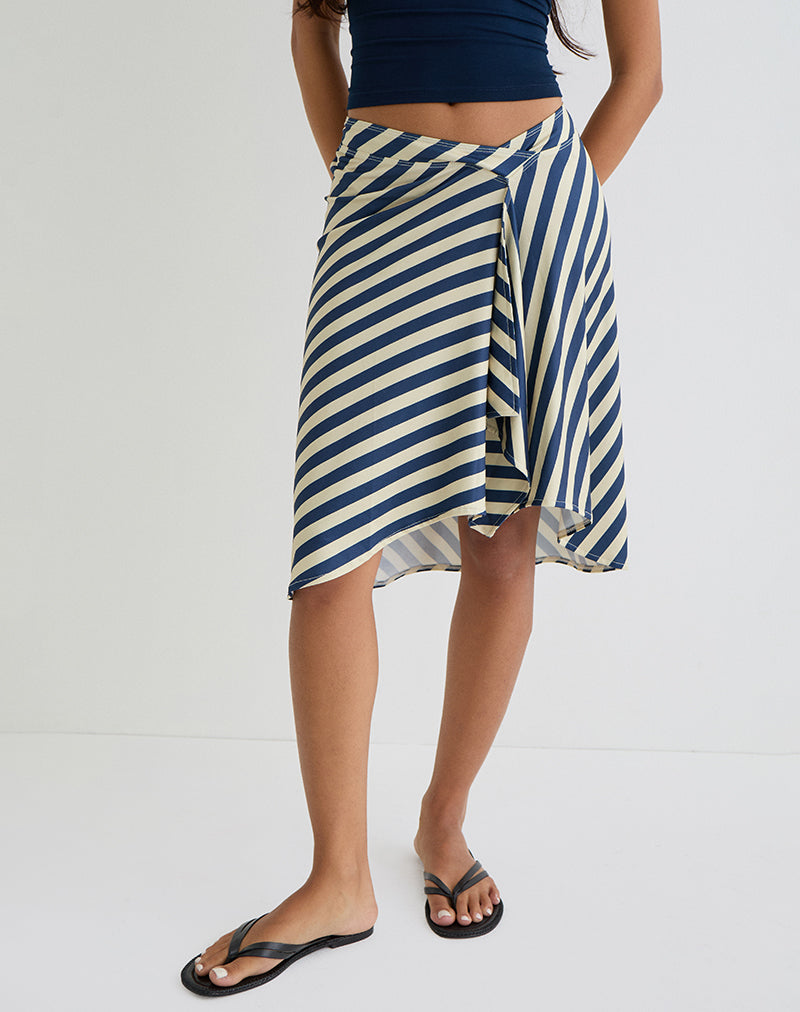 Imagen de Esmeray Falda midi a rayas diagonales crema y azul marino