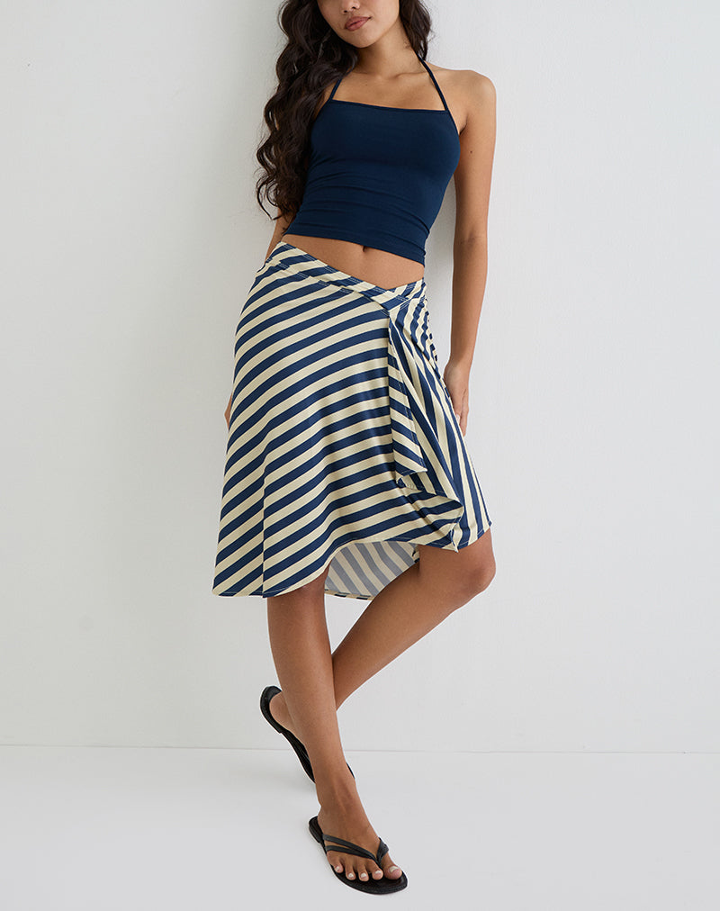 Falda Esmeray Midi de rayas diagonales crema y azul marino