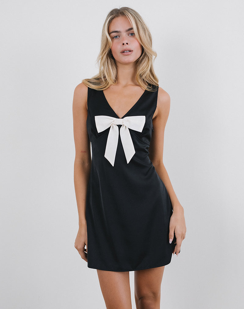 Imagen de Faradiba Mini Vestido de Satén Negro con Lazo Marfil
