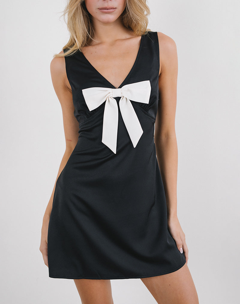 Minivestido Faradiba de satén negro con lazo marfil