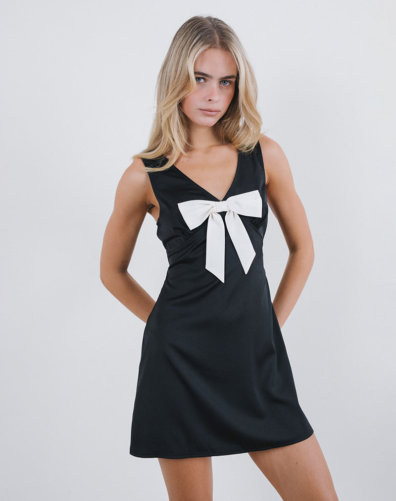 Imagen de Faradiba Mini Vestido de Satén Negro con Lazo Marfil