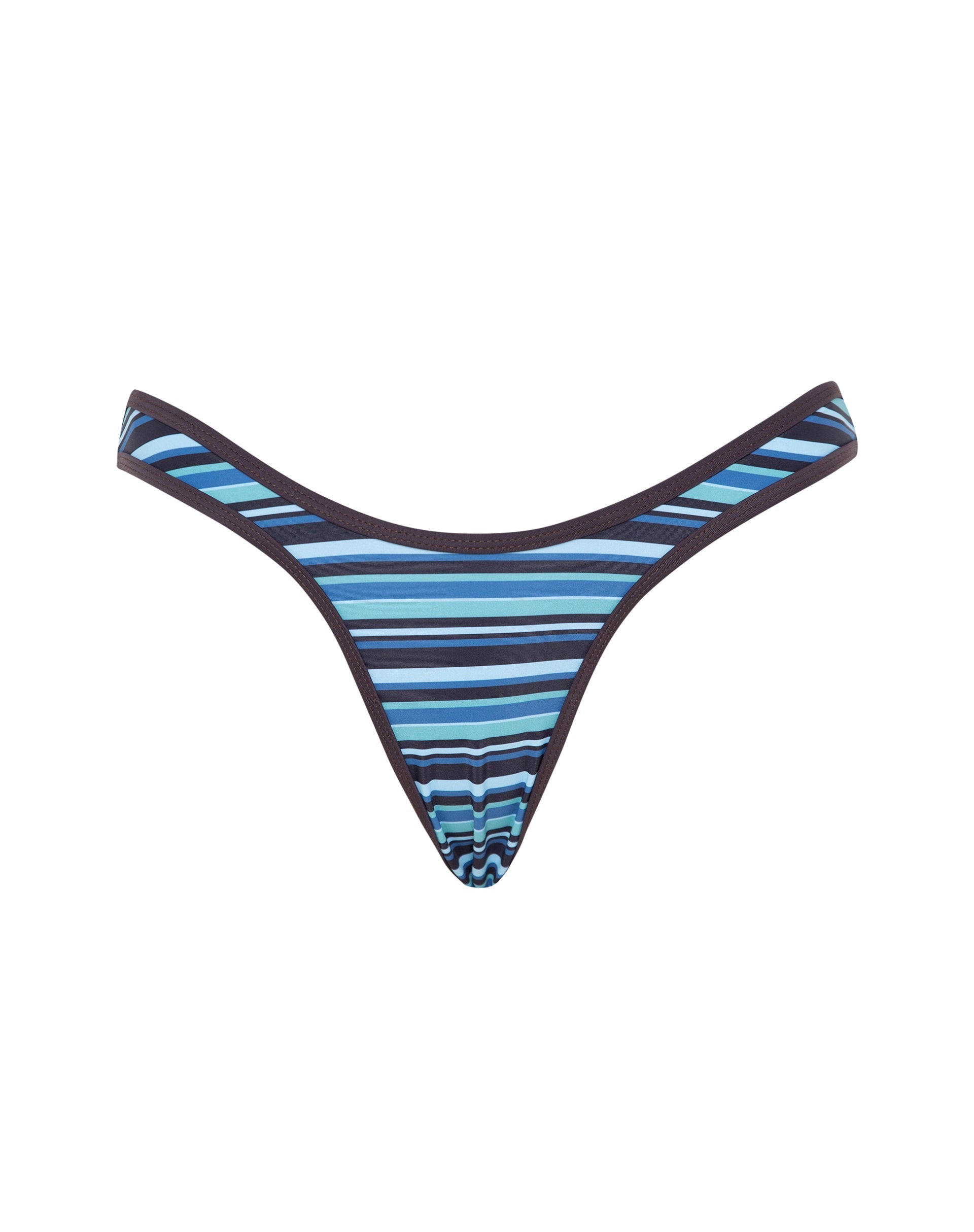 Imagen de la braguita de bikini Farida de rayas azules con ribete marrón
