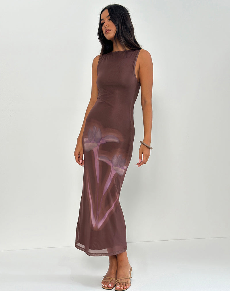 Maxi Vestido Fayola en Estampado Floral Borroso Marrón