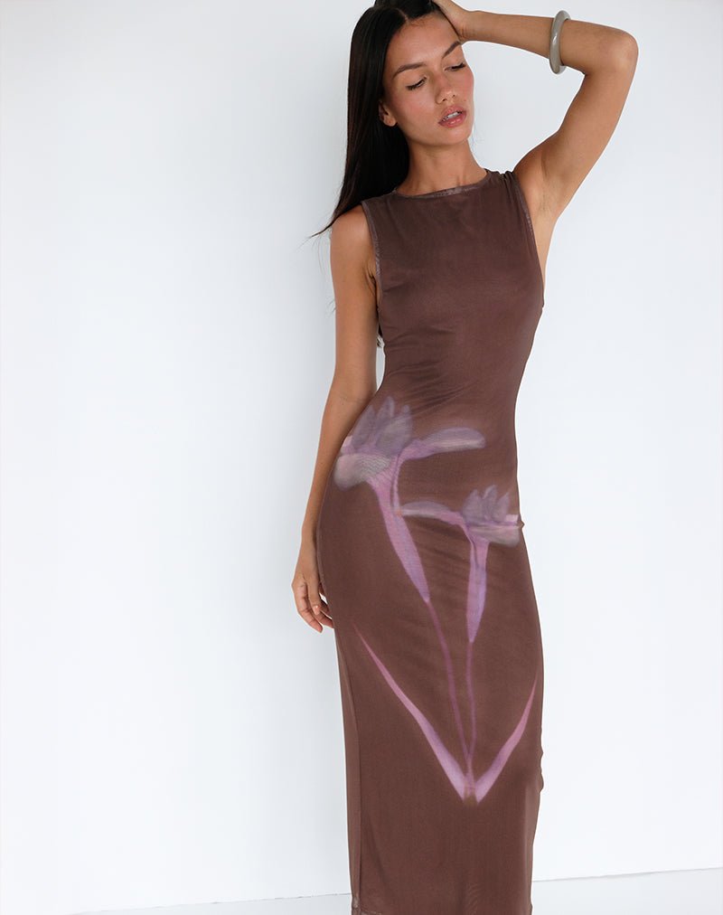Maxi Vestido Fayola en Estampado Floral Borroso Marrón