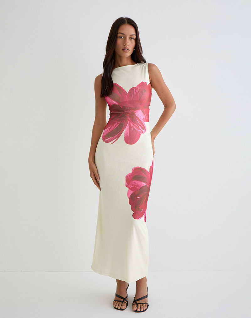 Imagen de Fayola Maxi Vestido Estampado en Crema con Flor Acuarela Roja