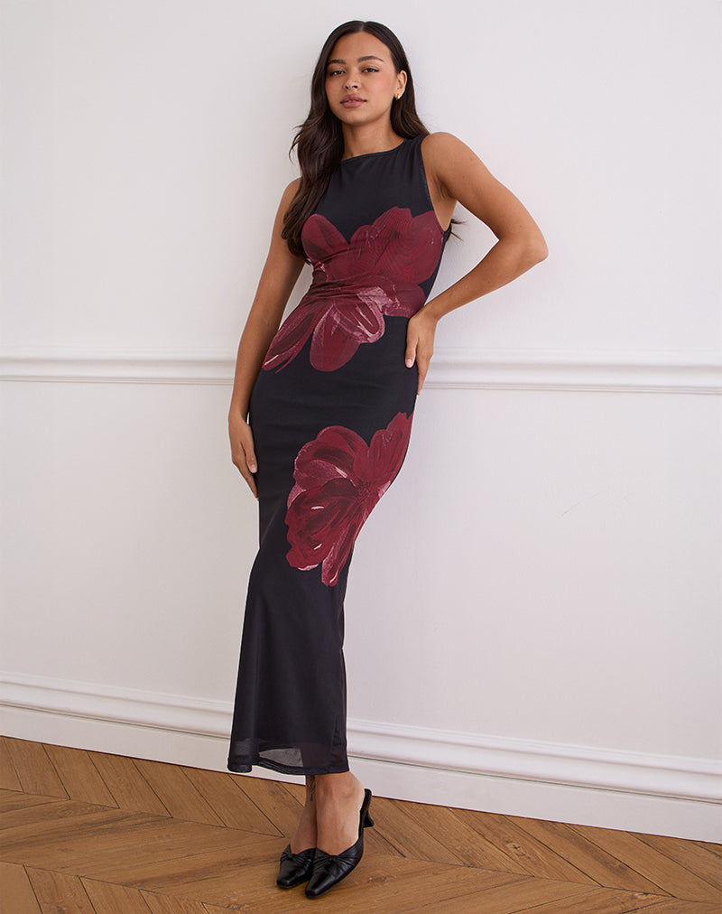 Maxivestido Fayola en negro con flor de acuarela burdeos