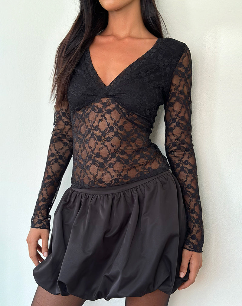 Fiore Top de Manga Larga de Encaje Rosa Canina Negro