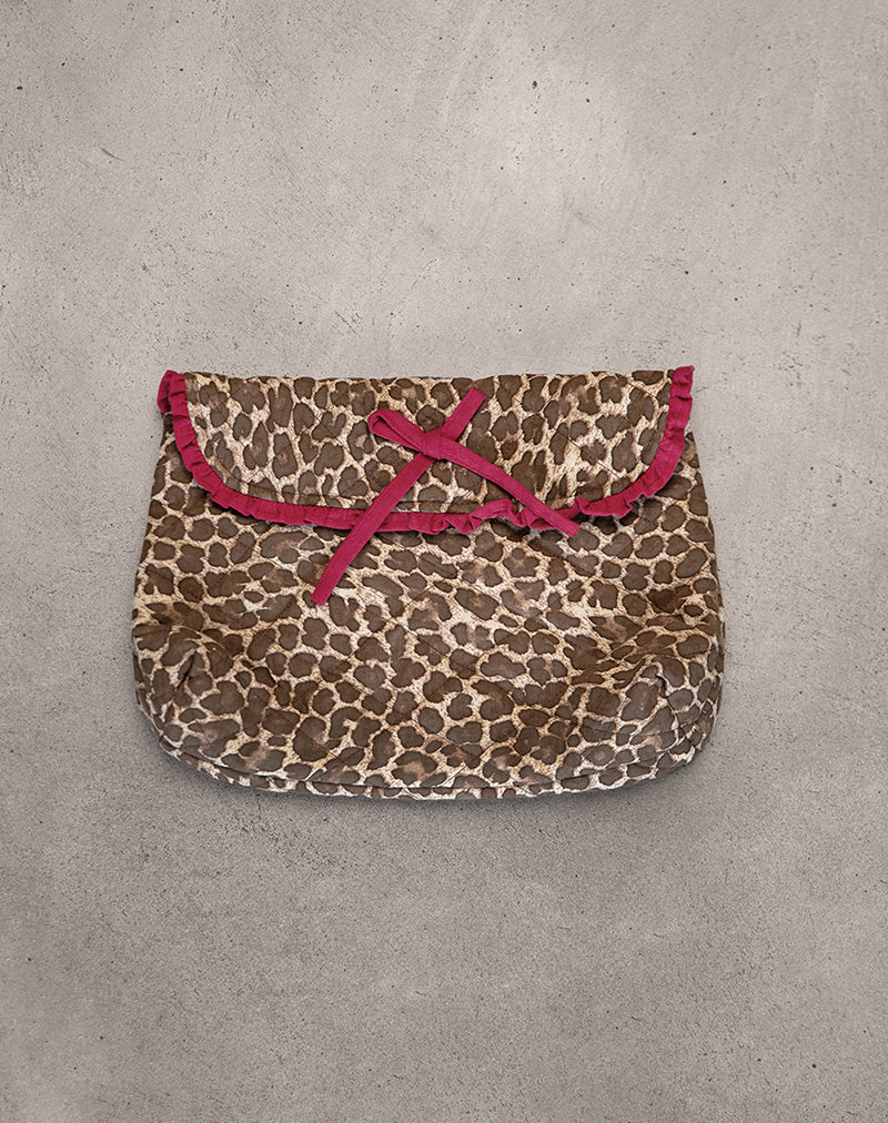 Neceser de maquillaje plegable de leopardo con lazo rojo de volantes