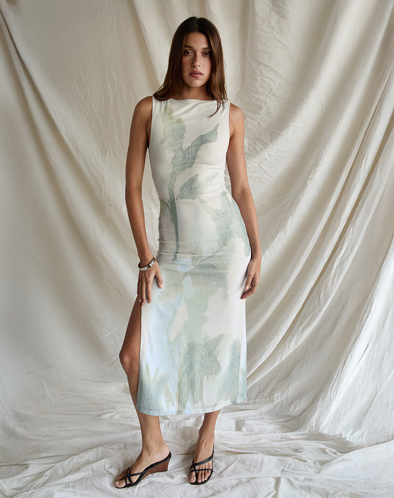 Vestido Midi Flo en Azul Flor Pintado Abstracto