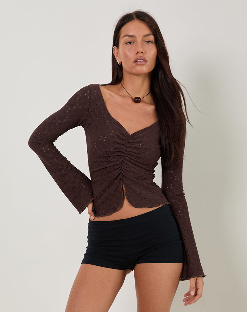 Top acanalado Flonne en broderie elástico marrón