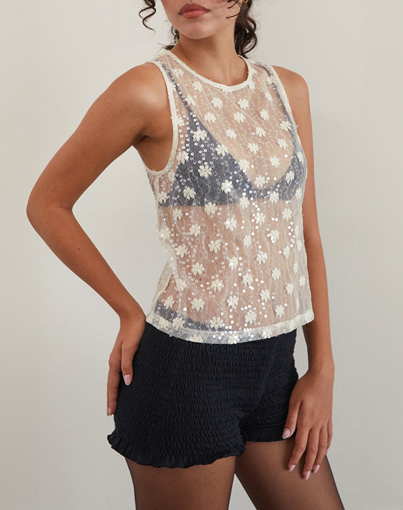 Camiseta de tirantes Franka en encaje de lentejuelas marfil