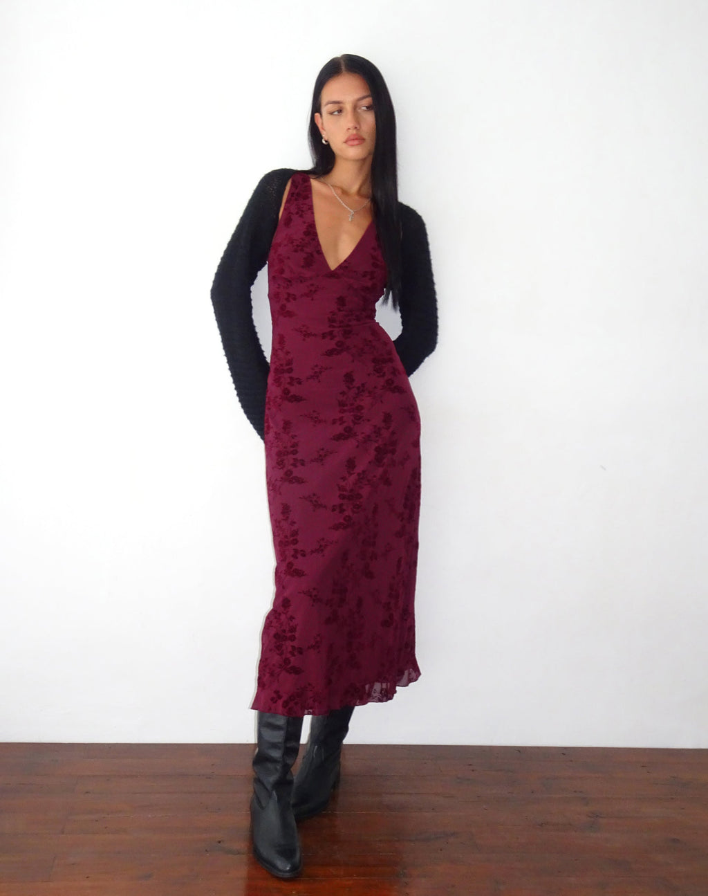 Vestido Gabriela Midi en Botanical Flower Granate