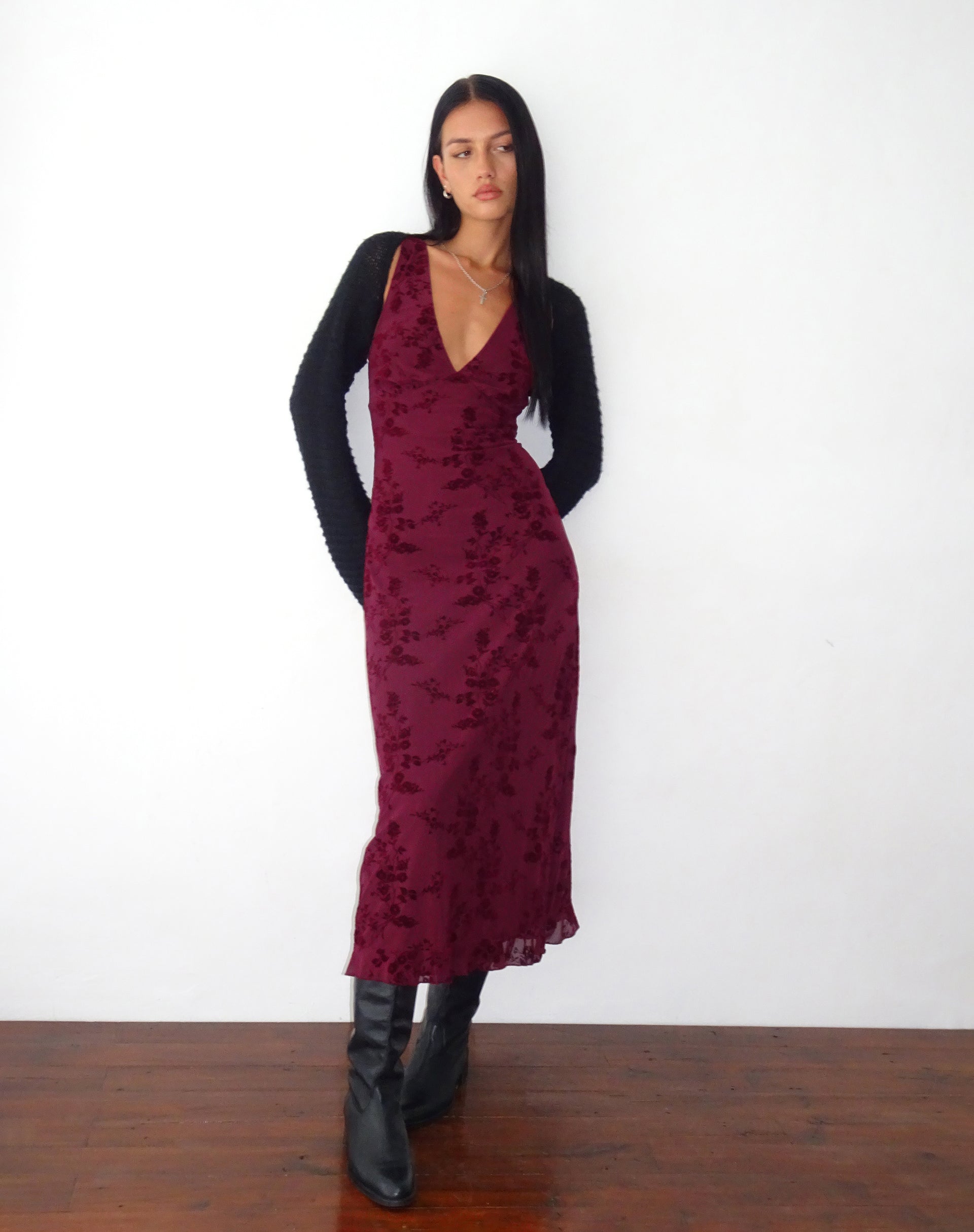 Vestido Gabriela Midi en Botanical Flower Granate