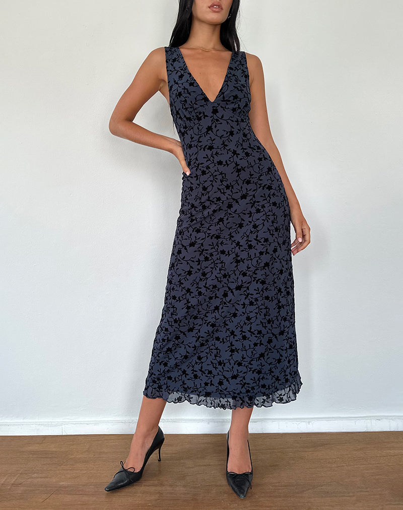 Imagen del vestido Gabriela Midi en pétalo flocado Azul marino