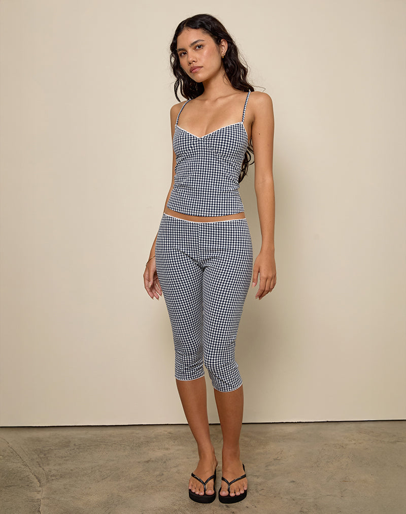 Tuka Pantalones Capri en Seersucker Gingham Azul Marino