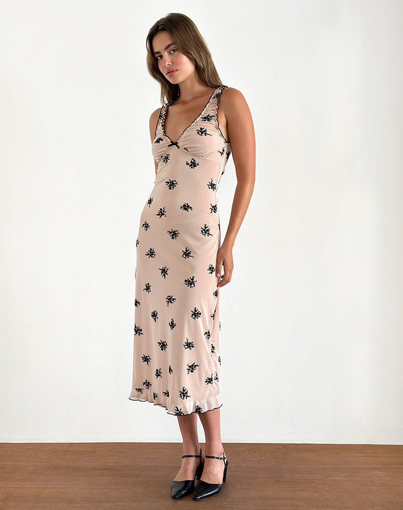 Vestido Gandira Midi en Cluster Ditsy Floral Flock Nude