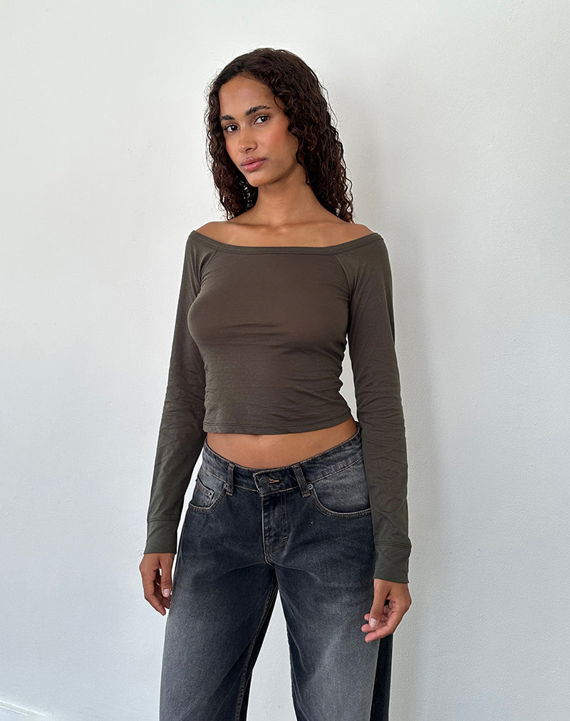 Imagen de Gavya Top Bardot de Manga Larga en Jersey Oliva