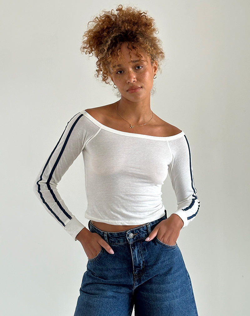 Gavya Top de manga larga en blanco roto con rayas azul marino