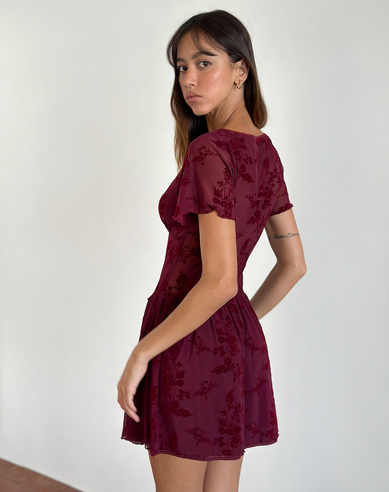 Imagen del minivestido Geni en flor botánica Granate