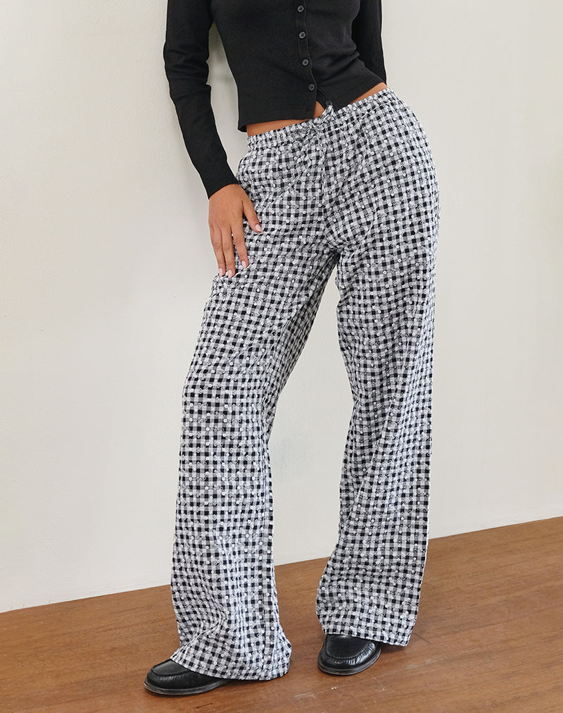 Imagen de Wasic Pantalón de lino de pata ancha en guinga floral Negro