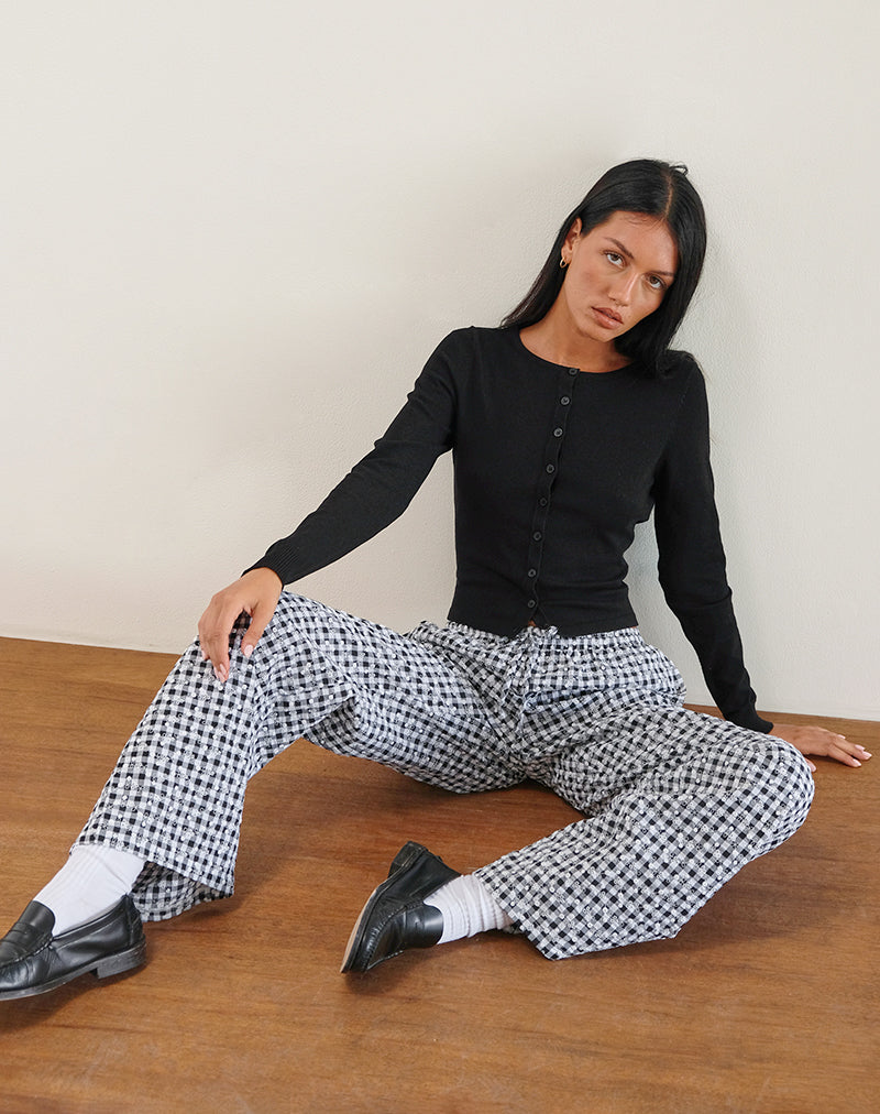 Imagen de Wasic Pantalón de lino de pata ancha en guinga floral Negro