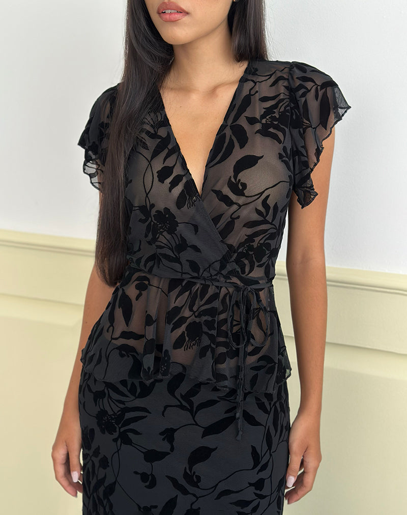 Giuliana Wrap Top en Flock Leaf Flower Negro