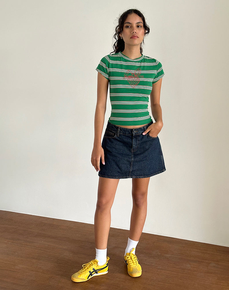 imagen de Glenda Jersey Tee en franja verde y blanca con motivo de fresas