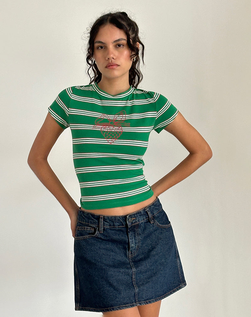 imagen de Glenda Jersey Tee en franja verde y blanca con motivo de fresas