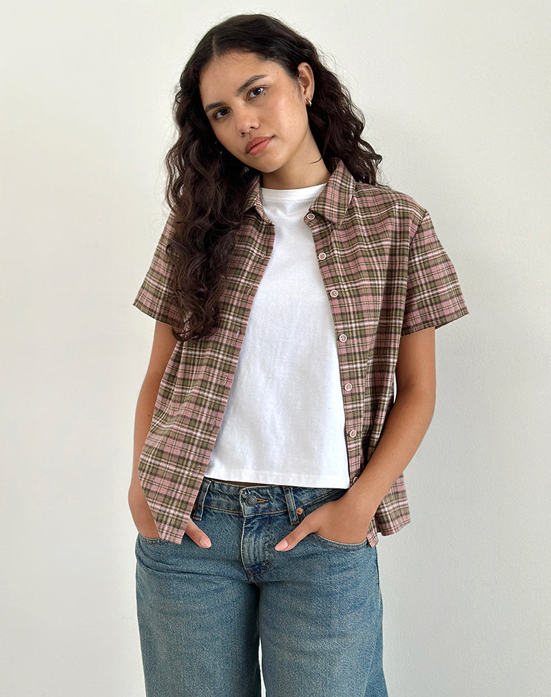 Camisa de manga corta Gosanri de cuadros rosas y verdes