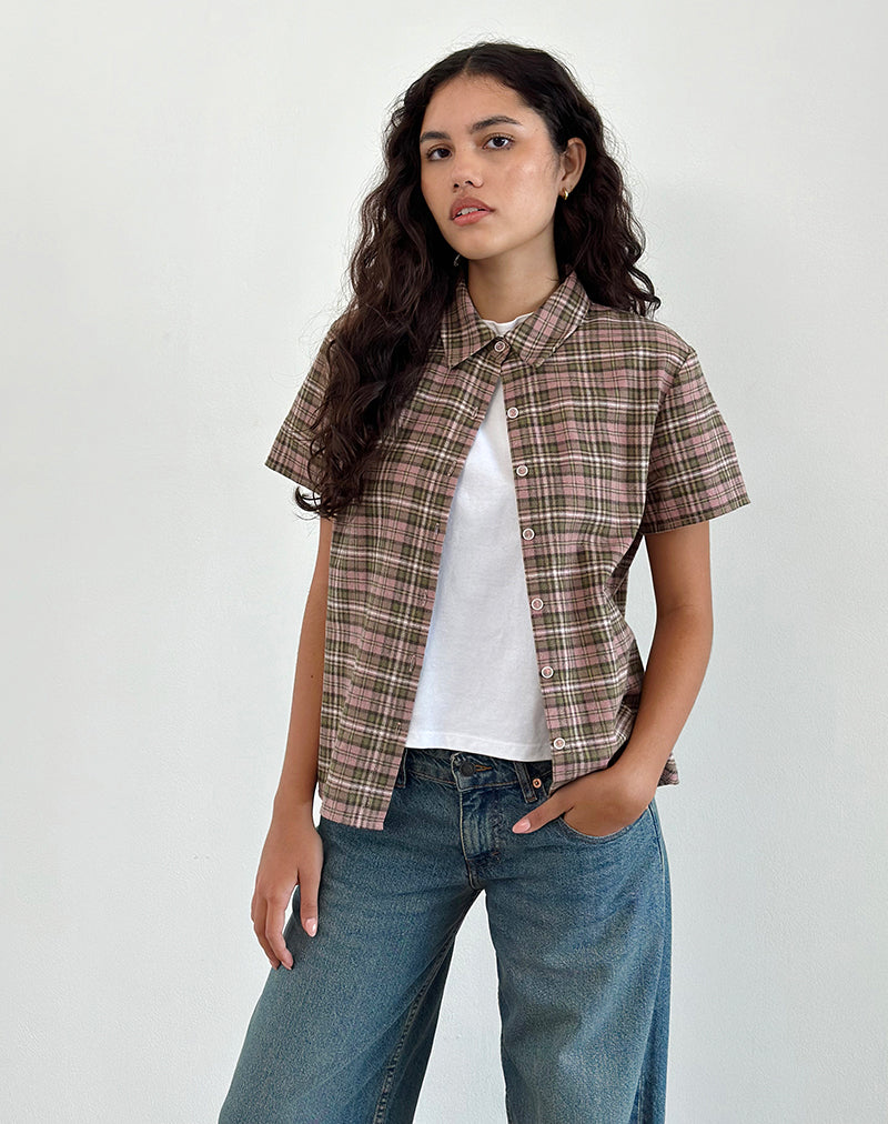 Imagen de Gosanri Camisa de manga corta a cuadros rosa y verde