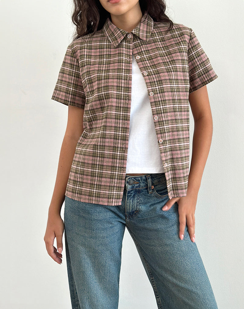 Camisa de manga corta Gosanri de cuadros rosas y verdes