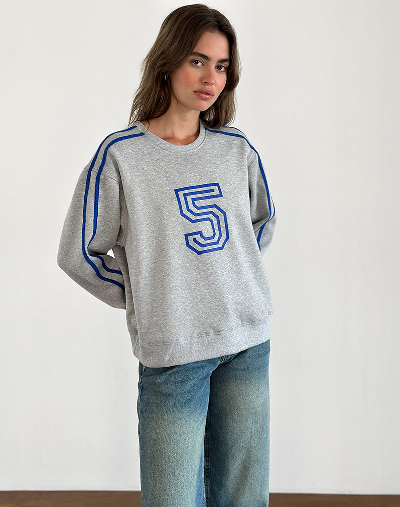 Image of Sudadera Govel en marga gris con motivo 5 azul cobalto